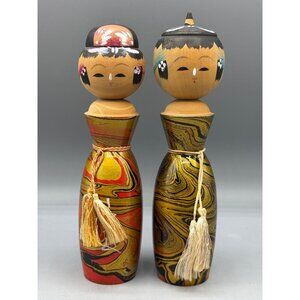 Vtg Set 2 Pc Kokeshi Dolls‎ Wood Tassels Swirl Metallic Paint
